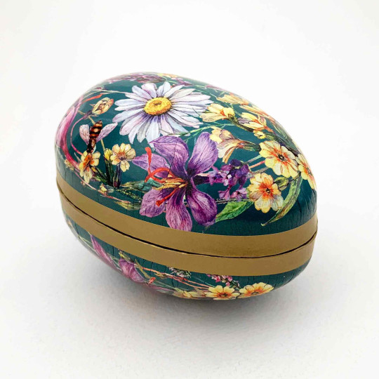4-1/2" Springtime Flowers and Bees on Teal Papier Mache Easter Egg Container ~ Germany
